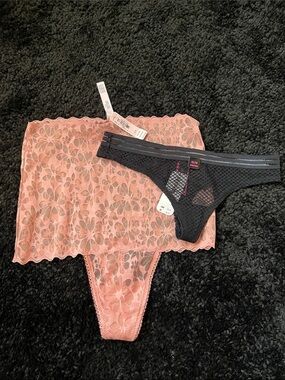 Women's Lace High-Waist Thong & Mesh Bikini Set - Pink and Black